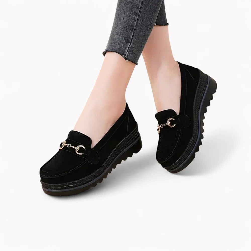 Mocassins compensés en daim noir pour femme
